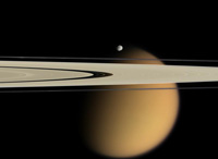 Cassini image of Saturn's moon Titan, the rings and a ring moon