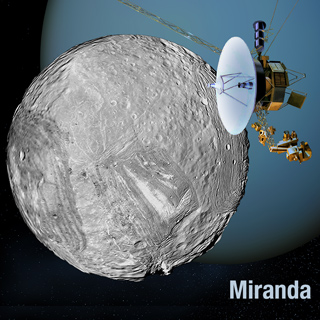 Artist's rendering of Voyager 2 and Miranda