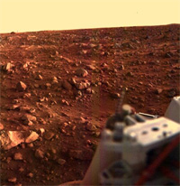 Color image of the Martian surface taken by the Viking 1 lander 15 minutes before sunset.