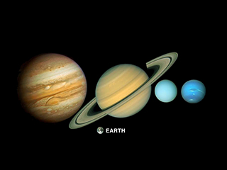 Color montage of five planets - Jupiter, Saturn, Uranus, Neptune and Earth.