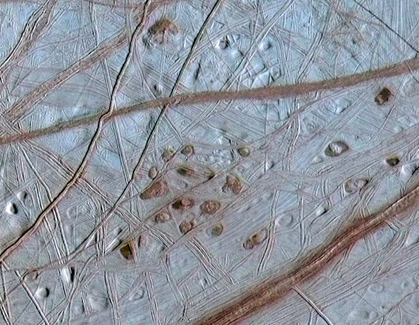 View of enigmatic ridged surface of Jupiter's moon Europa