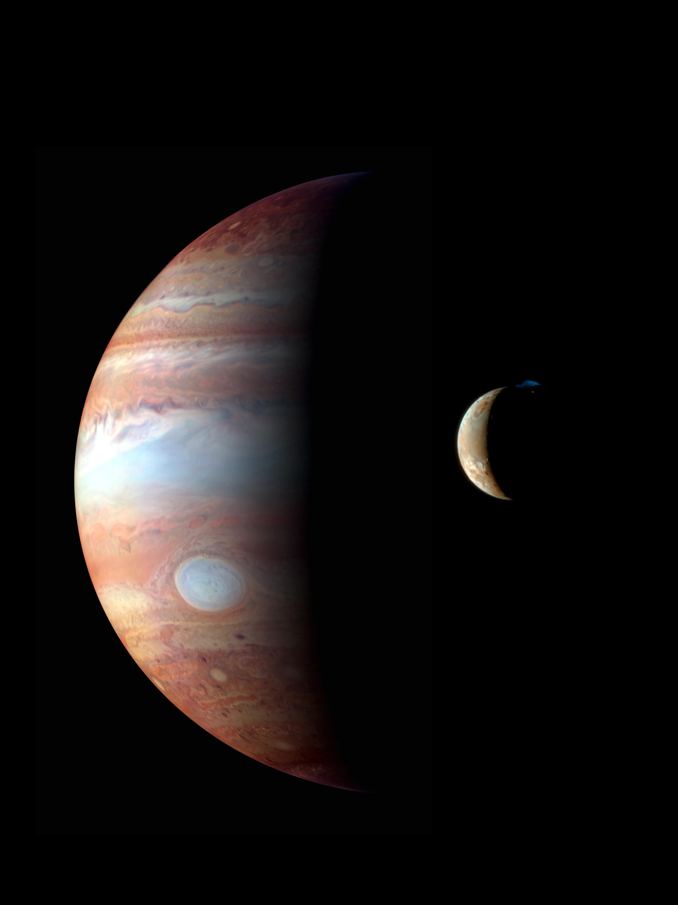 A montage of New Horizons images of Jupiter and its volcanic moon Io