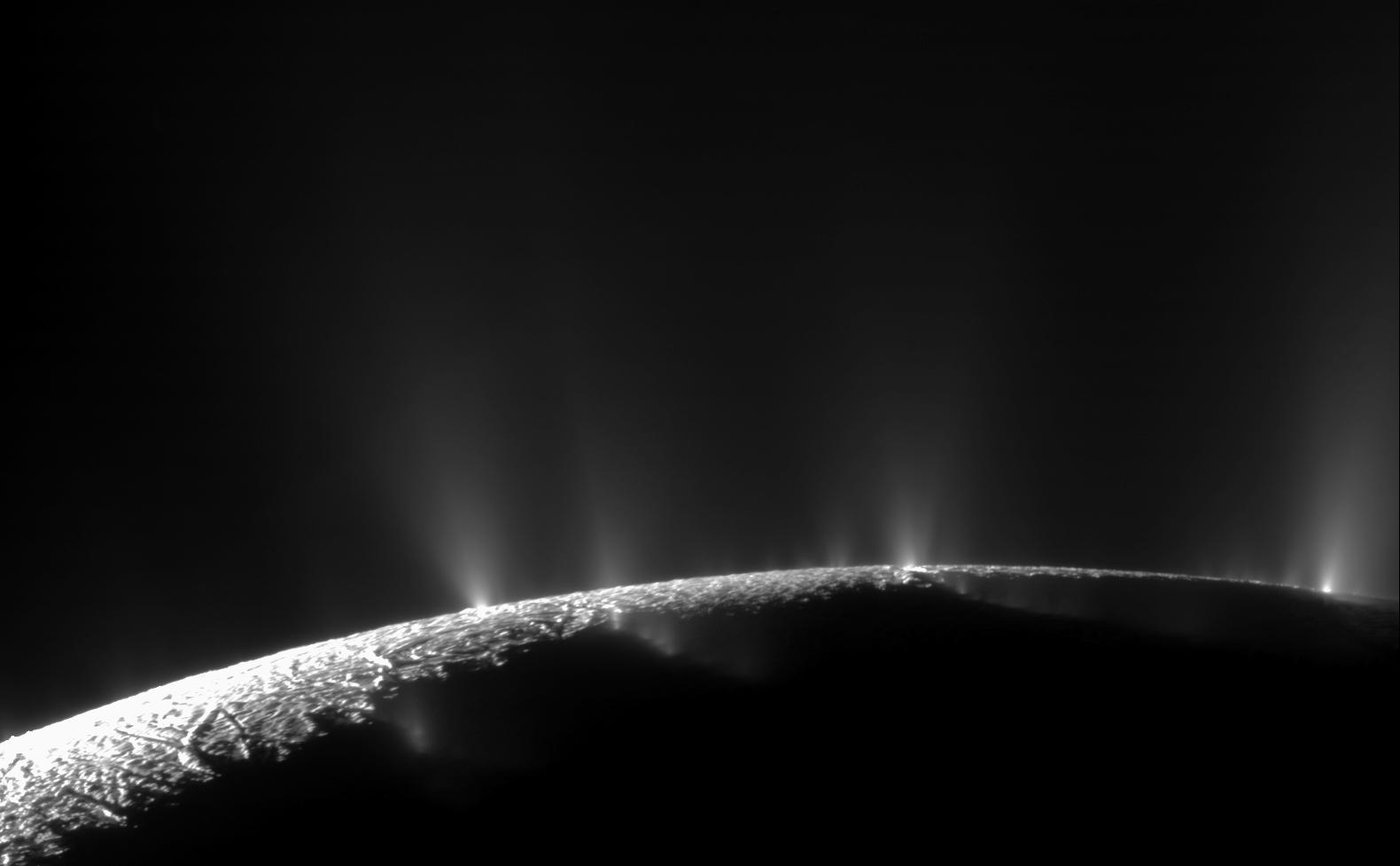 A mosaic was created from two high-resolution images that were captured by the narrow-angle camera when NASA's Cassini spacecraft flew past Enceladus