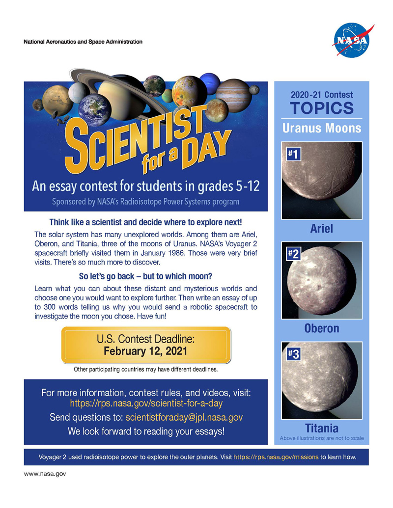 Flyer for the Scientist for a Day essay contest 2020-2021

