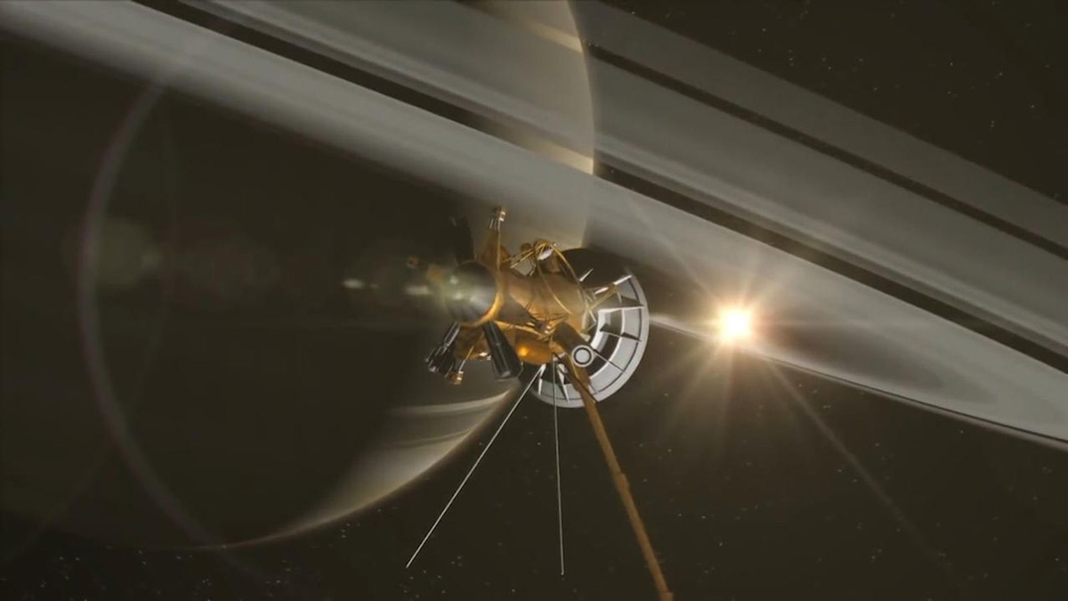 An illustration of Cassini at Saturn.