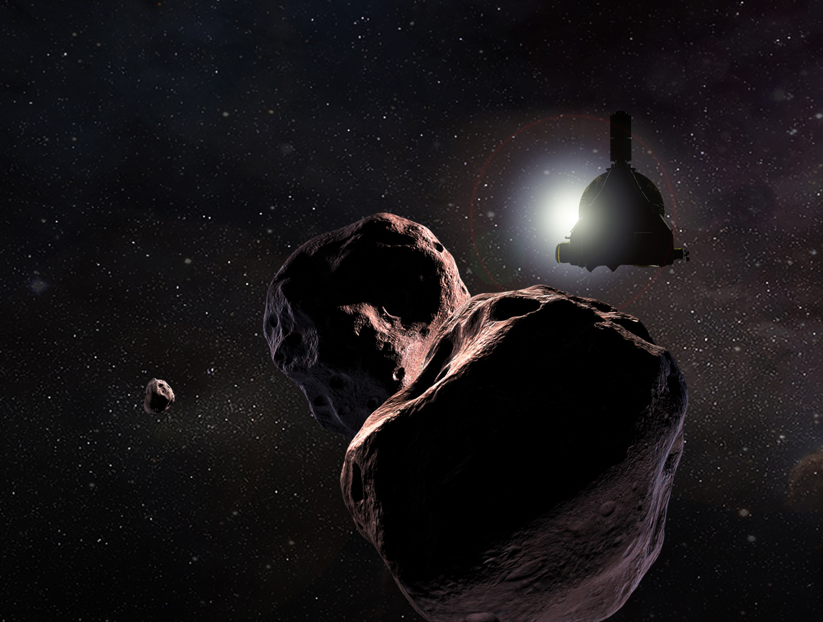 Illustration of New Horizons approaching the Kuiper Belt Object, Arrakoth.