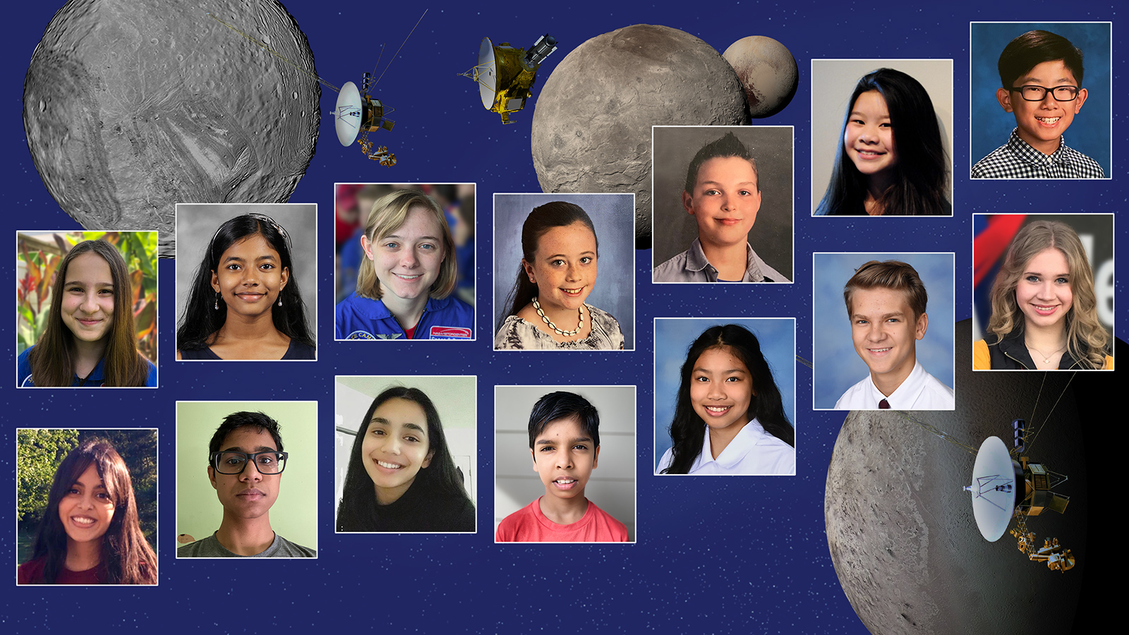 An illustration of the three topics and the photos of the winners of the 2019-2020 NASA Scientist for a Day Essay Contest.